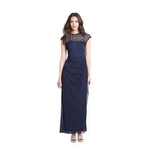 NWT Alex Evenings Draped Evening Dress in Navy w/ Metallic Lace Cut-Out Size 6
